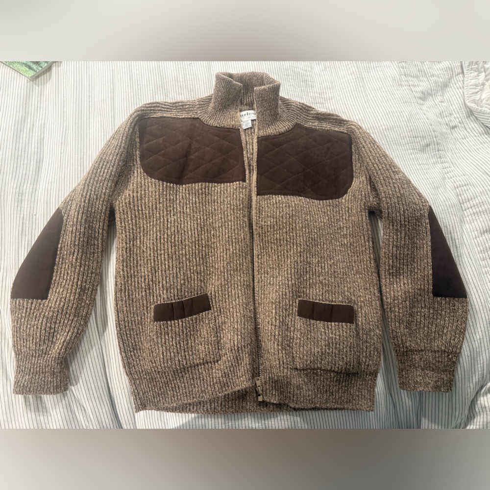 Harley of Scotland Wool, Brown Ribbed Knit Jacket with Quilted Accents.